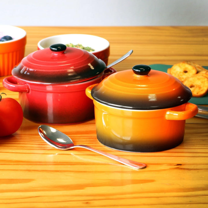 com-four® 4x Auflaufform mit Deckel aus Keramik - Dessertschale für z.B. Ragout fin in orange und ro