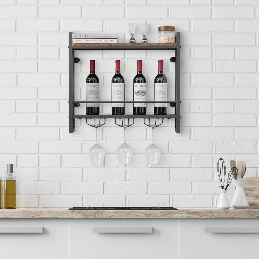 KOMFOTTEU Weinregal Wand, Flaschenregal Holz mit Metallrahmen, dekoratives Wandregal mit Becherhalte