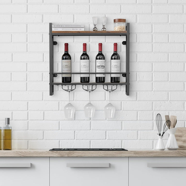 KOMFOTTEU Weinregal Wand, Flaschenregal Holz mit Metallrahmen, dekoratives Wandregal mit Becherhalte