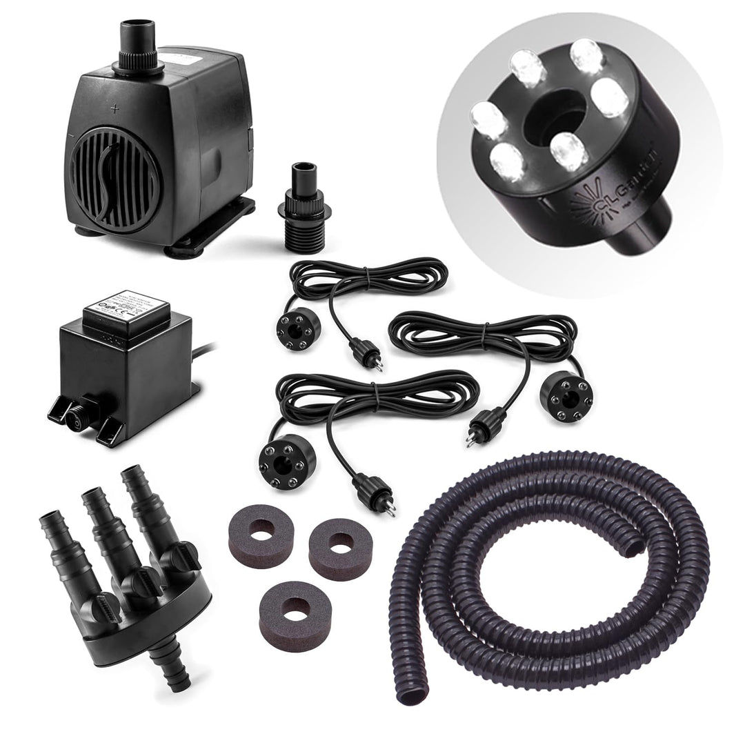 CLGarden Springbrunnen Pumpe Set SP3-S für Zierbrunnen mit 3 Wasserausläufen 3er Ausgang LED Beleuch