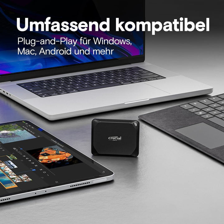 Crucial X10 Pro 2TB Externe SSD Festplatte mit USB-A Adapter, bis zu 2100MB/s Lesen und 2000MB/s Sch
