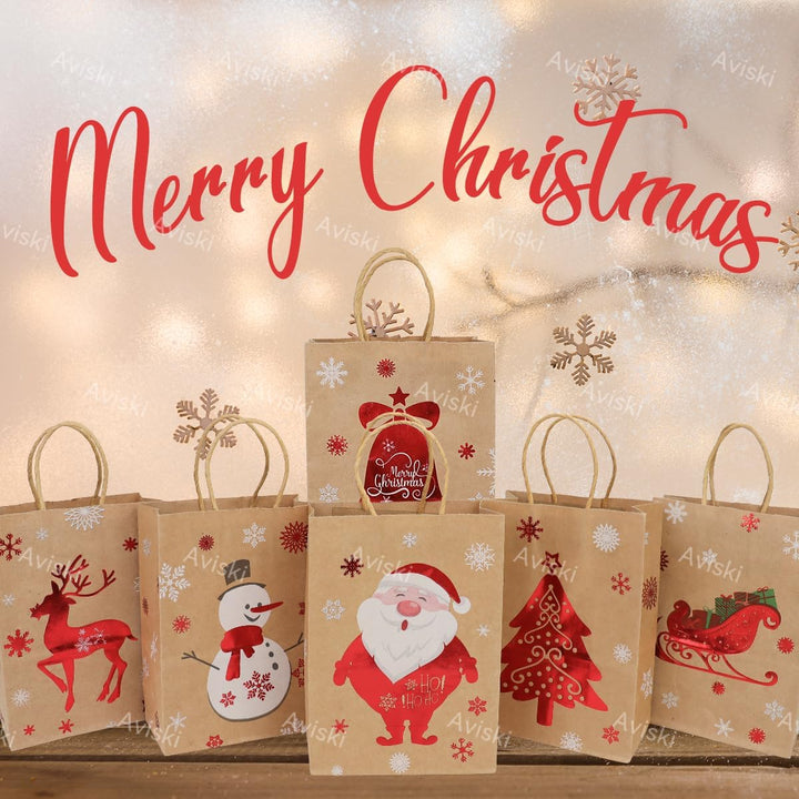 24 Stück Weihnachtskraft Geschenktüten Weihnachtspapiertüten mit Griffen Weihnachtstüten mit Weihnac