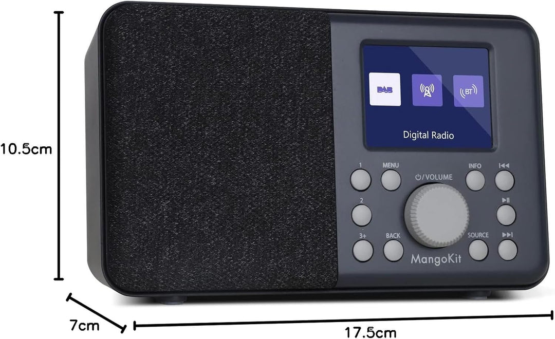 MangoKit MD3 DAB/DAB+ und UKW tragbares Digitalradio, Bluetooth-Lautsprecher, Kopfhörer, 40 voreinge