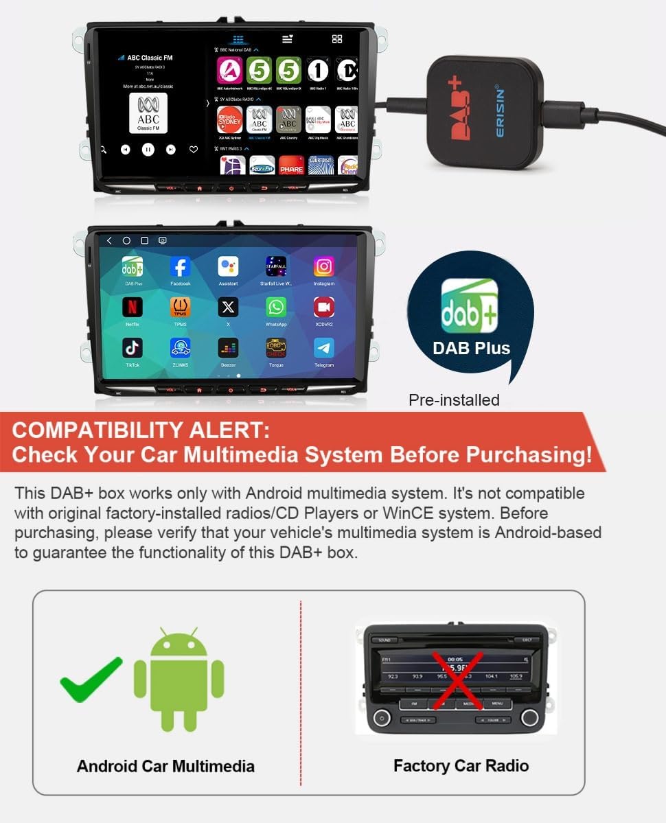 Erisin DAB+ Digital Radio Box Antenne mit Verstärkter Antenne Kit Adapter für Auto Stereo Android 9.