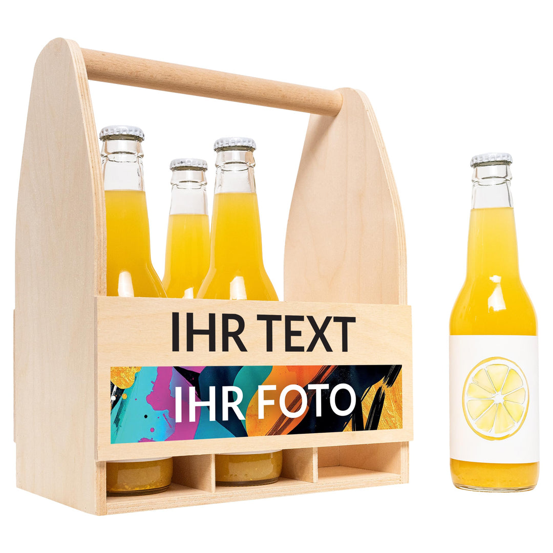 Creative Deco Flaschenträger Holz für 6 Bierflaschen | Personalisierte Geschenke Wunschtext + Foto |