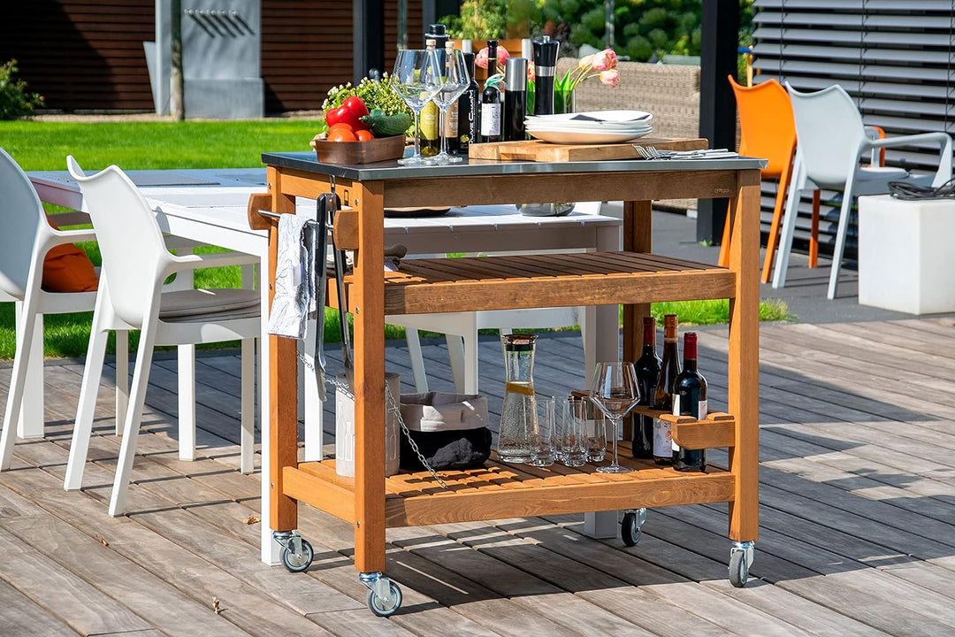dobar® 35540FSCe Multifunktionstisch | Rollbarer Beistellwagen | BBQ-Trolley Massivholz | Servierwag
