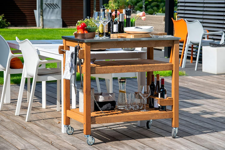 dobar® 35540FSCe Multifunktionstisch | Rollbarer Beistellwagen | BBQ-Trolley Massivholz | Servierwag