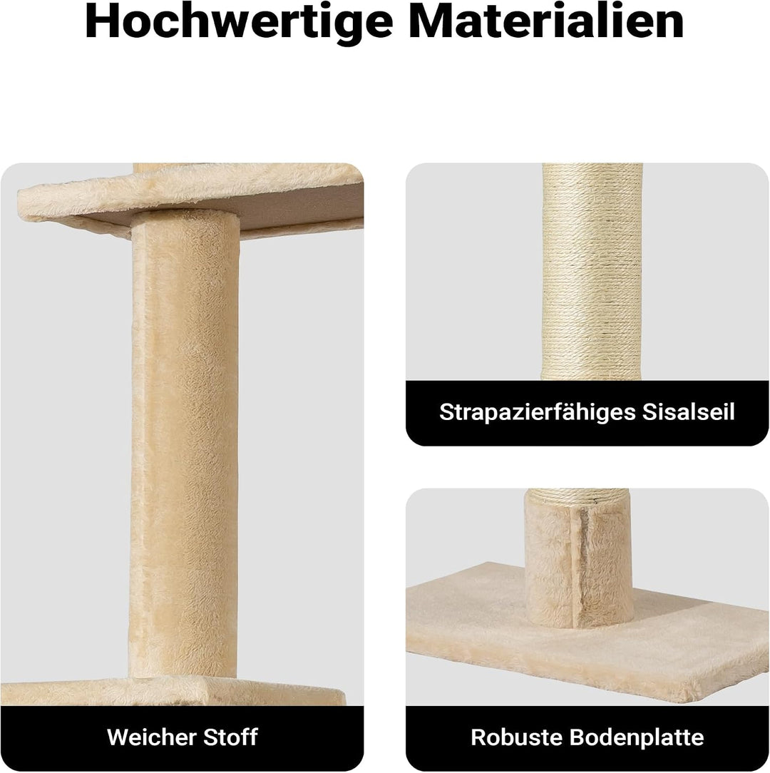 Fudajo Kratzbaum deckenhoch 230–276 cm in Beige, Katzenkratzbaum mit 4 Ebenen, Katzenbaum Deckenspan