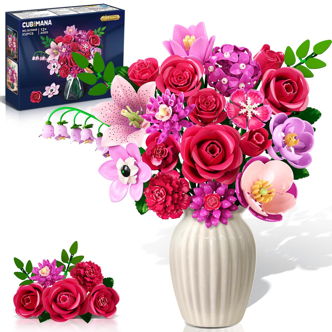 CUBIMANA Blumen Blumenstrauss Set mit LED für Erwachsene Frauen Mädchen 12+ Rosarot, Rosarot
