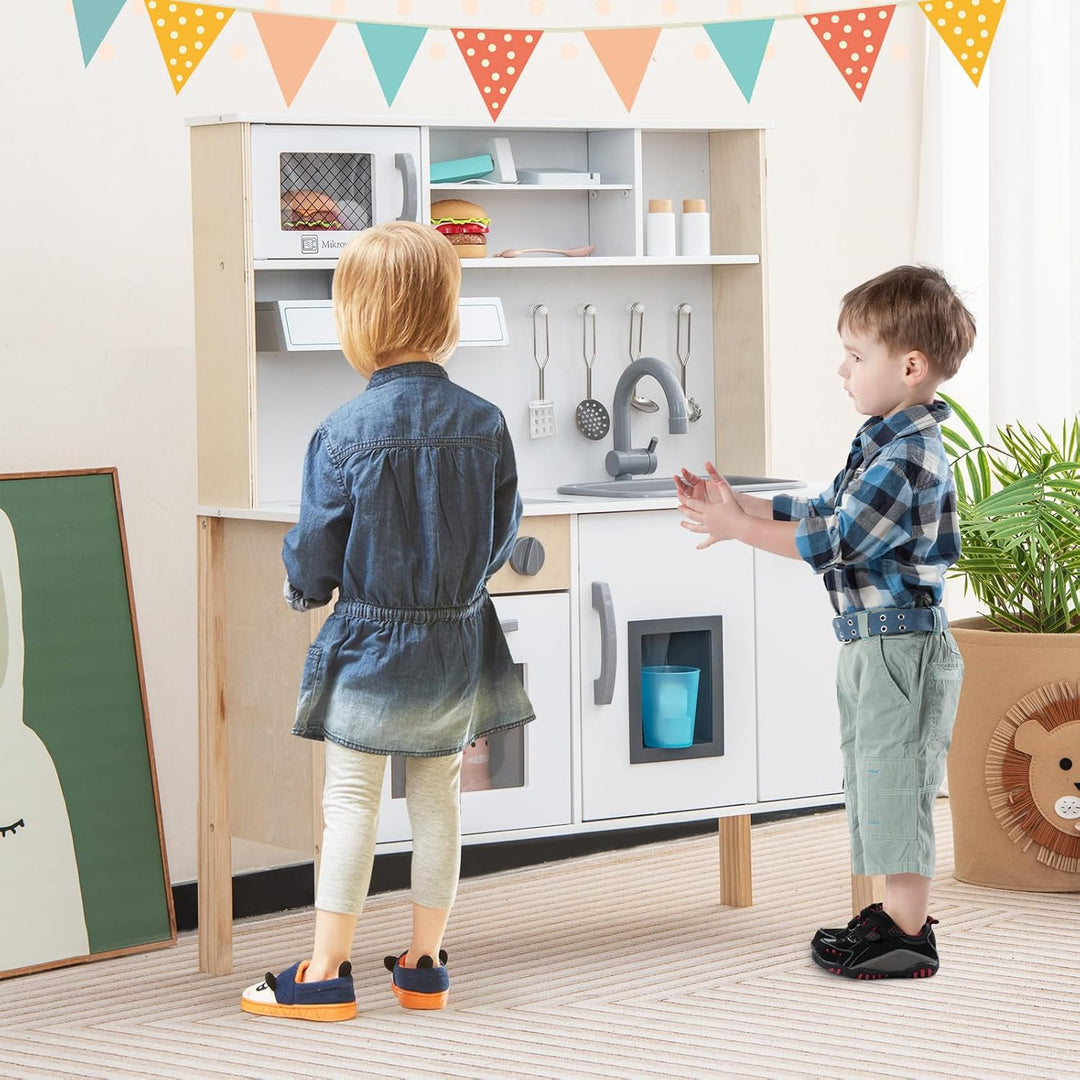 HOMASIS Spielküche mit 18 Zubehör, Kinderküche Holz, Spielzeugküche mit Spüle Herd Backofen Mikrowel