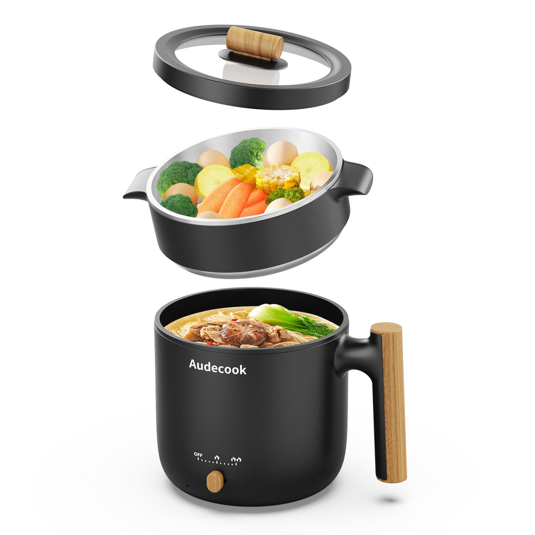 Audecook - Elektrischer Dampfgarer, tragbarer Mini-Kocher, 1,8 l, elektrischer Kochtopf mit Antihaft