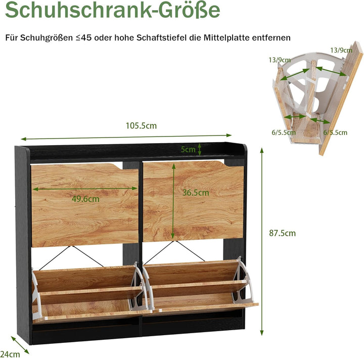 Schuhschrank Schmal mit 4 Klappen, Platzsparender Schuhkipper Holz Schuhkommode Schuhregal mit 4 Abl