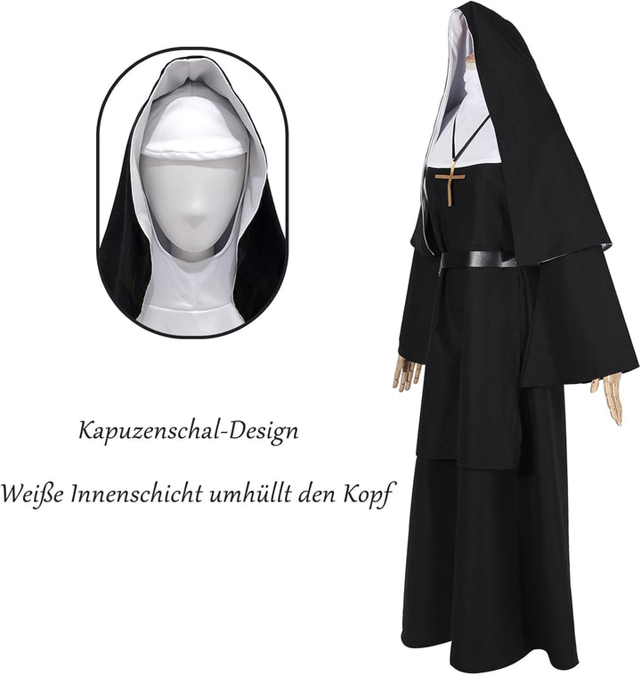 CR ROLECOS Nonnen Kostüm Damen,Faschingskostüme Damen Nonne für Erwachsene Kleidung Gothic Retro Kle