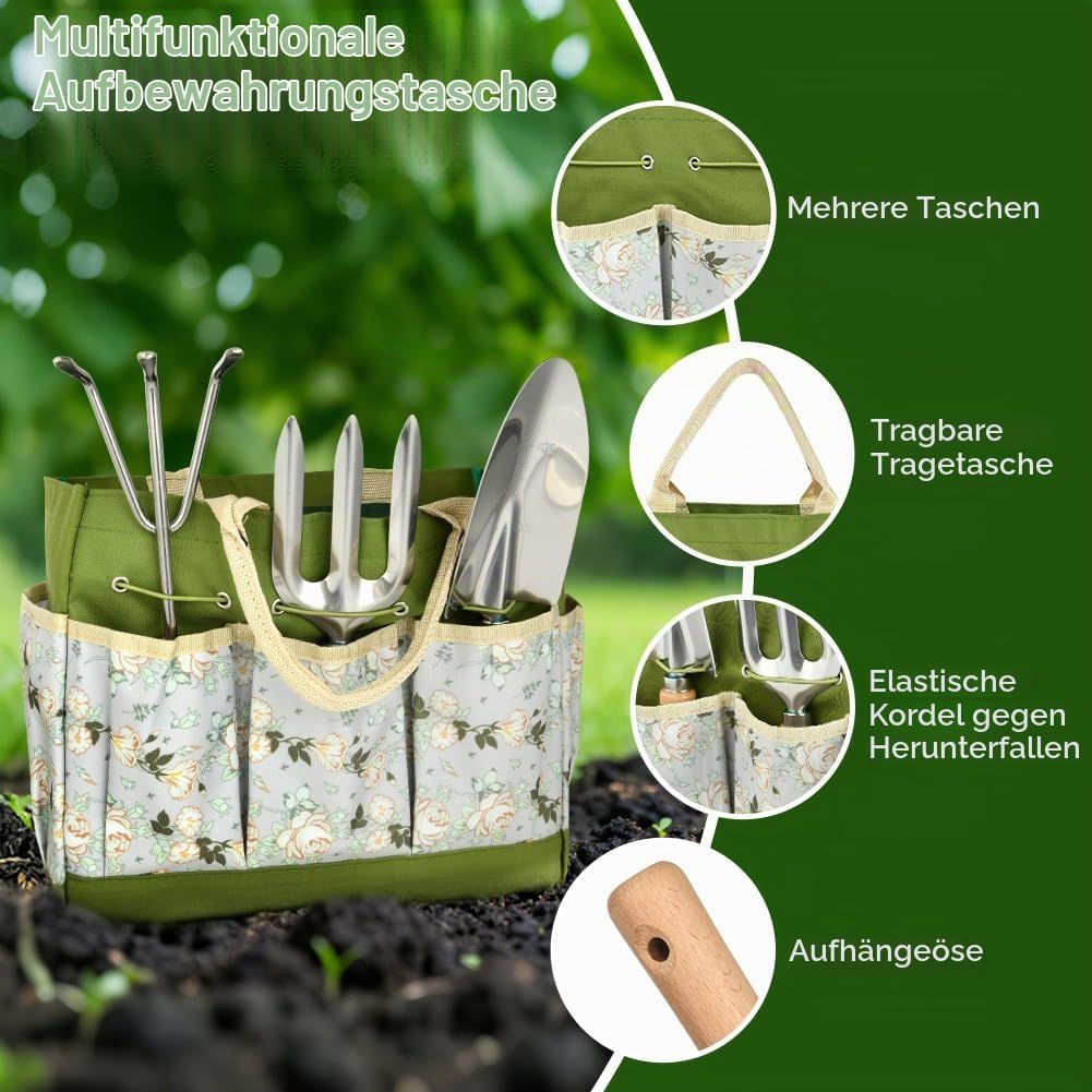 Gartenwerkzeug Set, 9 Stück Garten Hand Werkzeuge mit Aufbewahrungstasche, Stabil Rost-Sicht Garteng