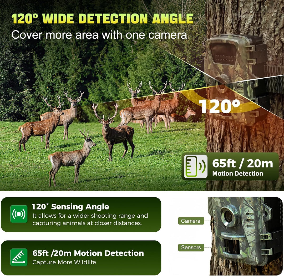 Wildkamera 60MP, 0,1 s Auslösegeschwindigkeit, 120° Weitwinkel, Wildtierkamera mit 850 nm IR LEDs, W
