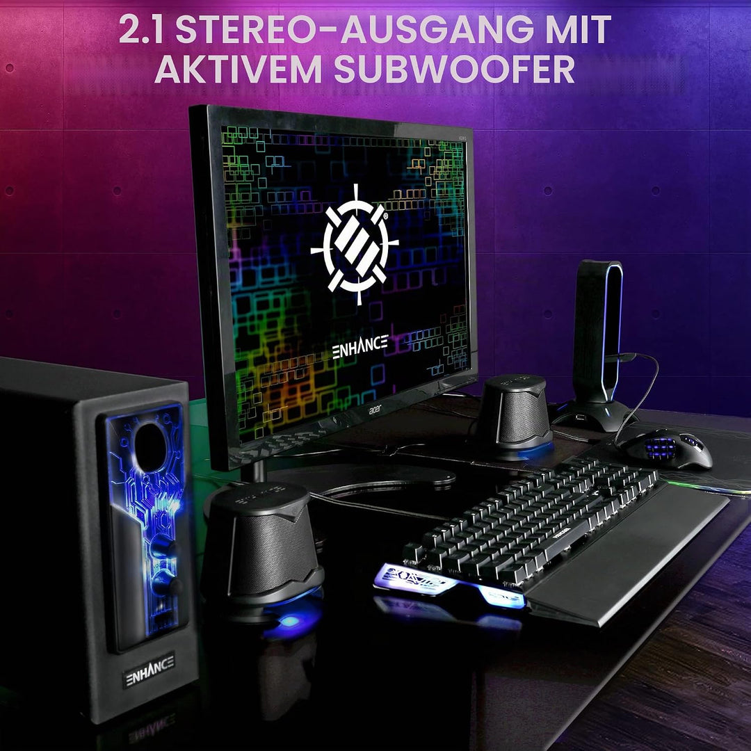 ENHANCE SB 2.1 Computerlautsprecher mit Subwoofer – Blau LED-Gaming-Lautsprecher, High-Excursion-Sou