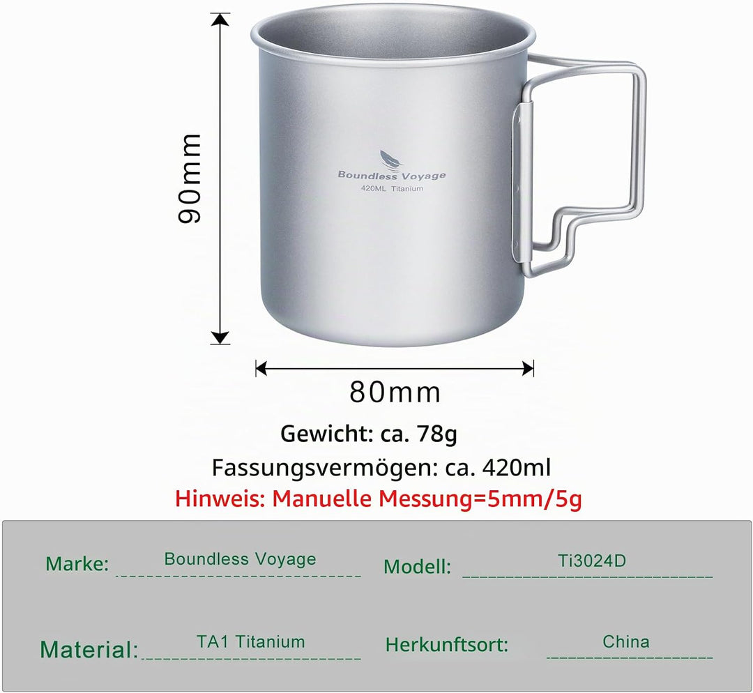 iBasingo Titan Becher Camping Topf Outdoor Kaffee Tee Tasse mit Deckel &amp; Faltbarem Griff 200ml/300ml