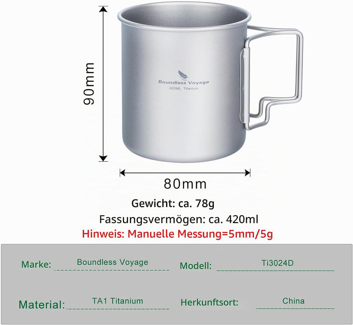 iBasingo Titan Becher Camping Topf Outdoor Kaffee Tee Tasse mit Deckel &amp; Faltbarem Griff 200ml/300ml