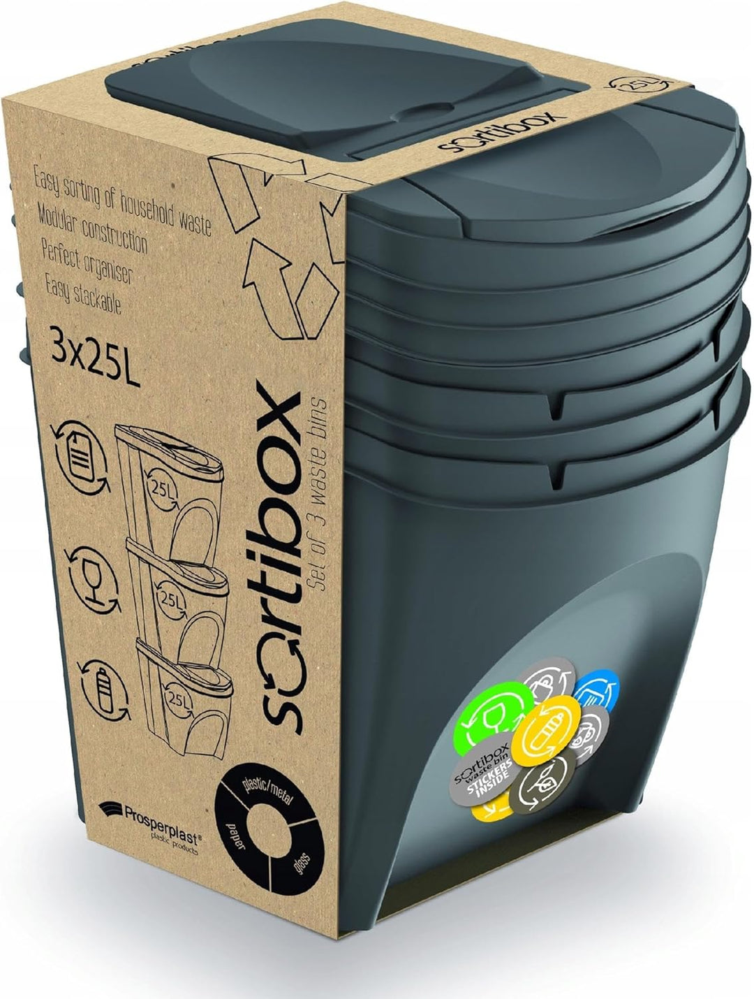 Prosperplast Sortibox 3x20L Mülleimer Mülltrennsystem Abfalleimer Behälter (Grau) grau 3x25 Litros,