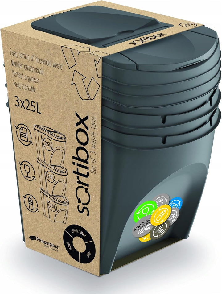 Prosperplast Sortibox 3x20L Mülleimer Mülltrennsystem Abfalleimer Behälter (Grau) grau 3x25 Litros,