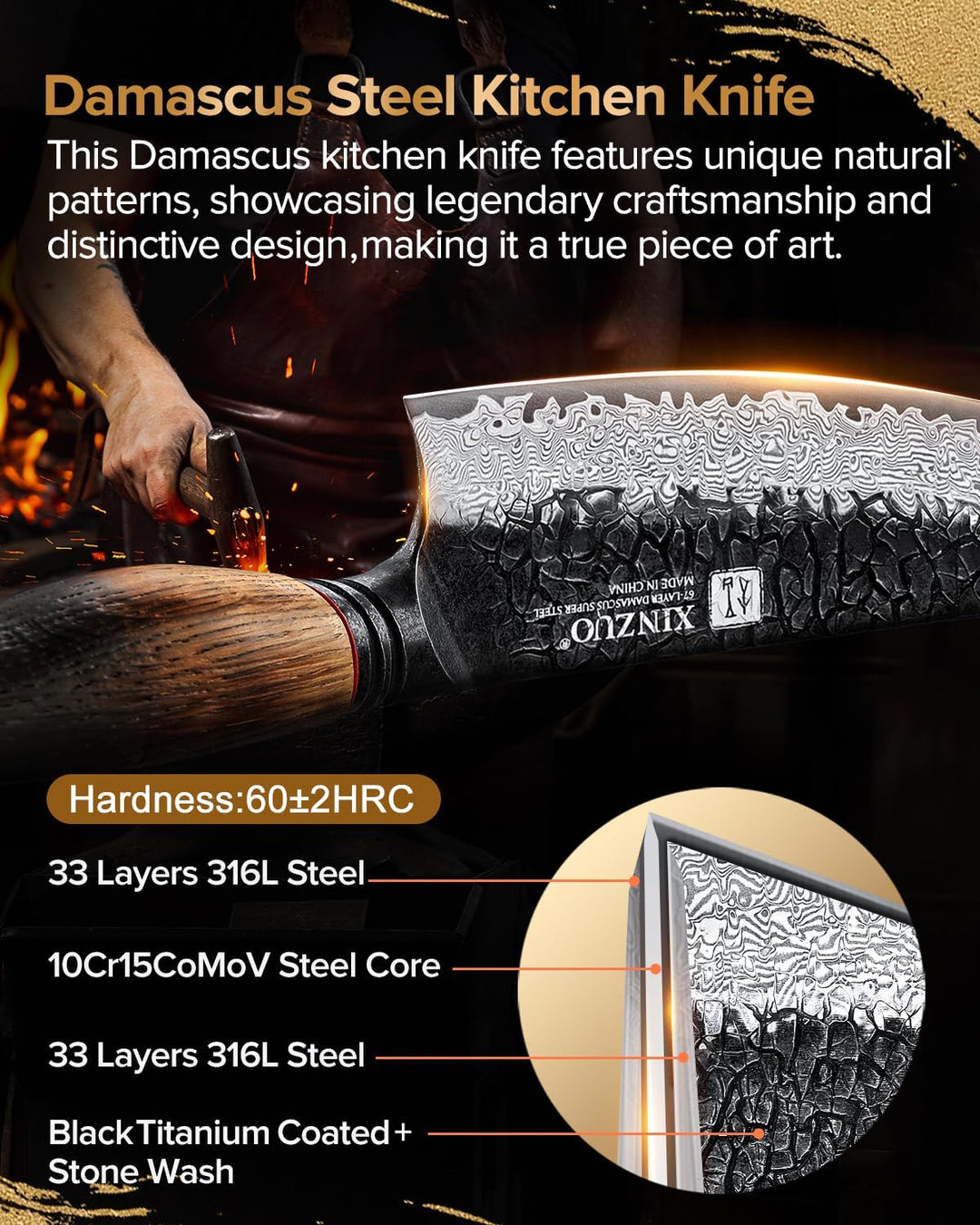 XINZUO Damaststahl 19,3cm Santokumesser -Hammerfinish Küchenmesser Scharfe Klinge Damastmesser -Prof