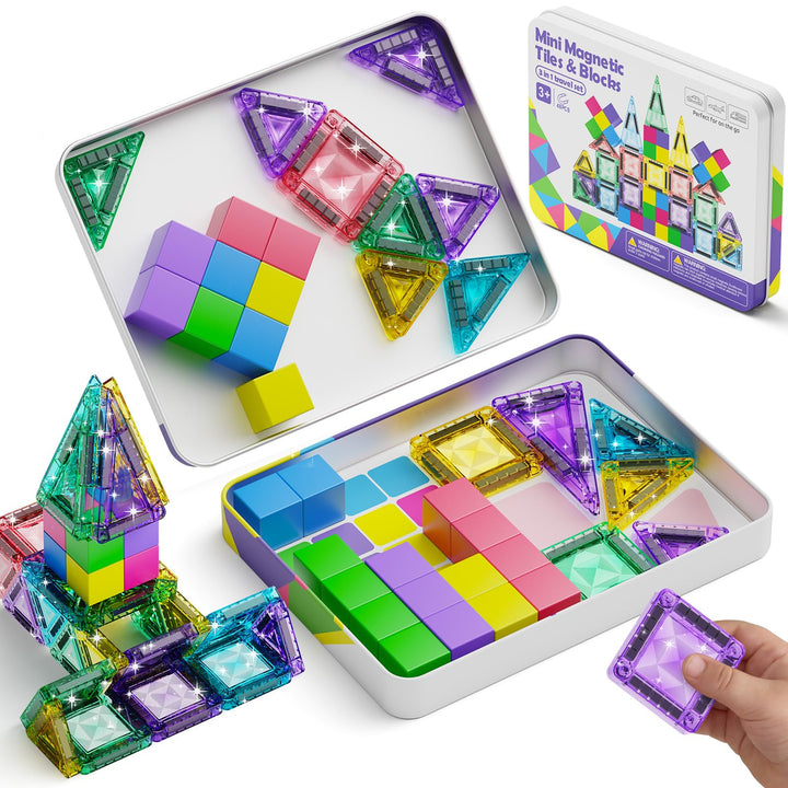 Magnetische Bausteine Reiseset (3-in-1): 48-Teile Magnetspielzeug in Ultraleichter Metallbox (nur 38