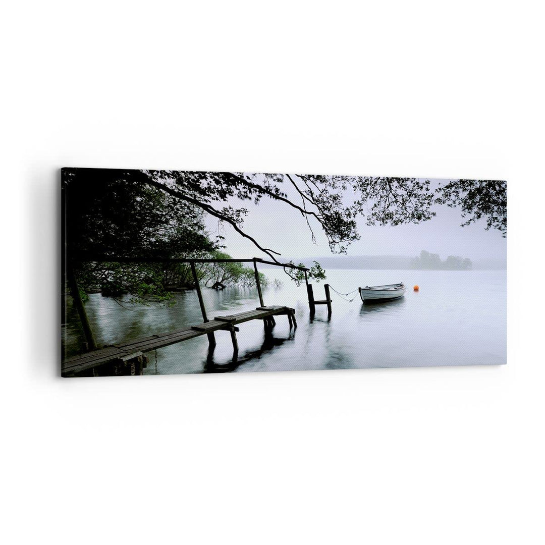Wandbilder Dekoration Wohnzimmer See Dock Boot Bäume Panorama Bilder auf Leinwand 120x50cm Leinwandb