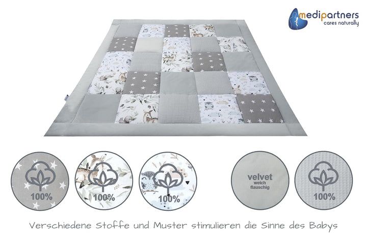 Medi Partners Krabbeldecke 100% Baumwolle 120x120cm multifunktional Dick Weich Spielmatte Baby Laufg