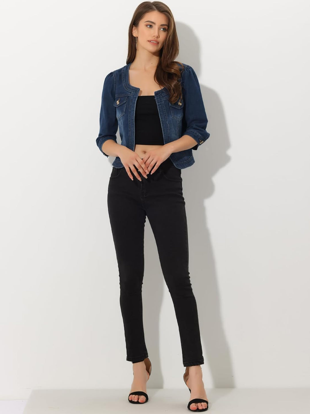 Allegra K Damen Jeansjacke 3/4 Ärmel Open Front Kragenlos Jacke mit Taschen XS Dunkelblau, XS Dunkel