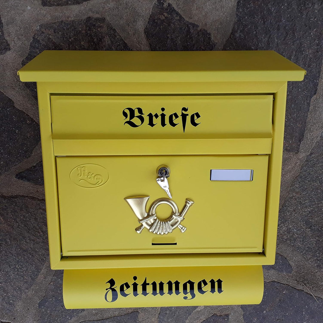 Grosser Briefkasten/Postkasten XXL Gelb matt mit Abnehmbarer Zeitungsrolle Flachdach Katalogeinwurf