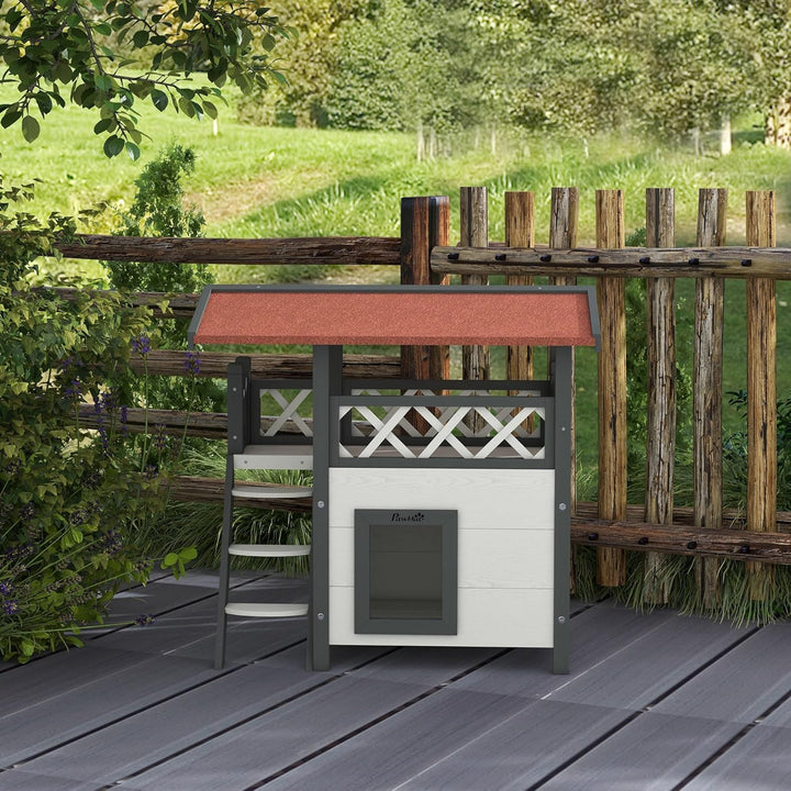 PawHut Katzenhaus aus Holz Winterfest wasserdicht Katzenhütte mit Asphaltdach Terrasse Treppe Katzen