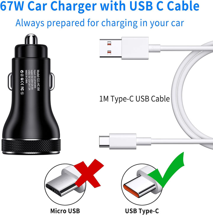 67W Zigarettenanzünder USB Ladegerät mit USB C Kabel 1M für Mi Turbo Charge Auto Schnellladegerät Tu