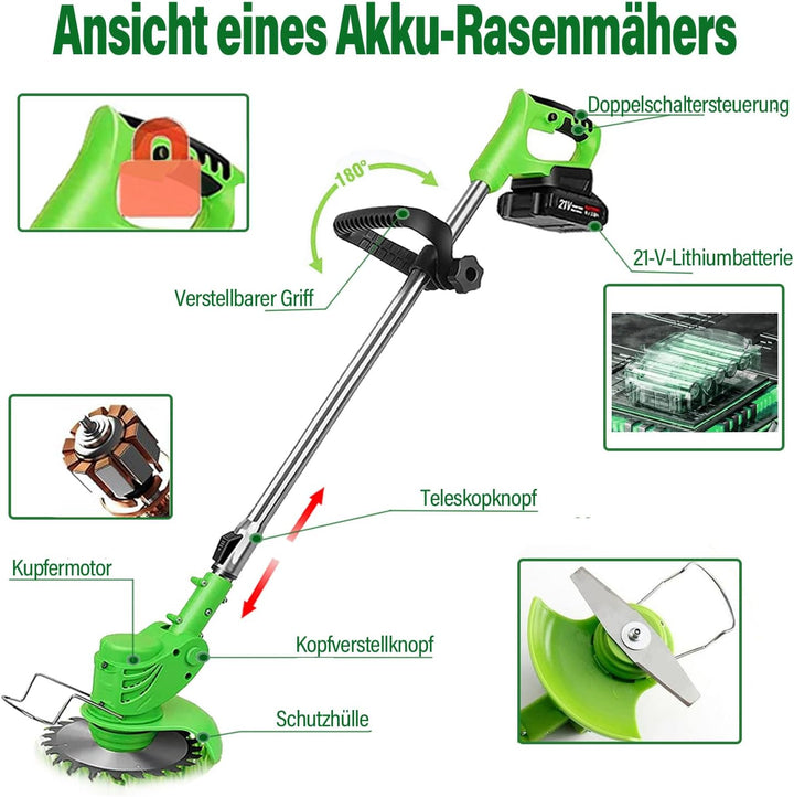 Akku-Freischneider mit Akku (2 x 4,0A Akku und 1 Schnellladegerät) und Motor, Rasentrimmer, Mini-Ras