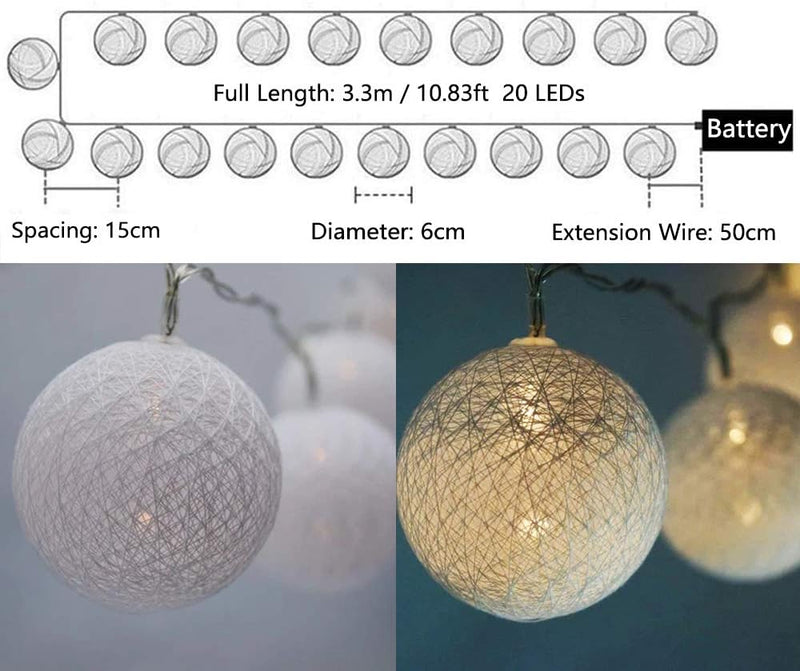 LED Lichterkette Baumwollkugeln Batteriebetrieben, 3,3m 20er Cotton Ball Lichterketten Kugeln Nachtl