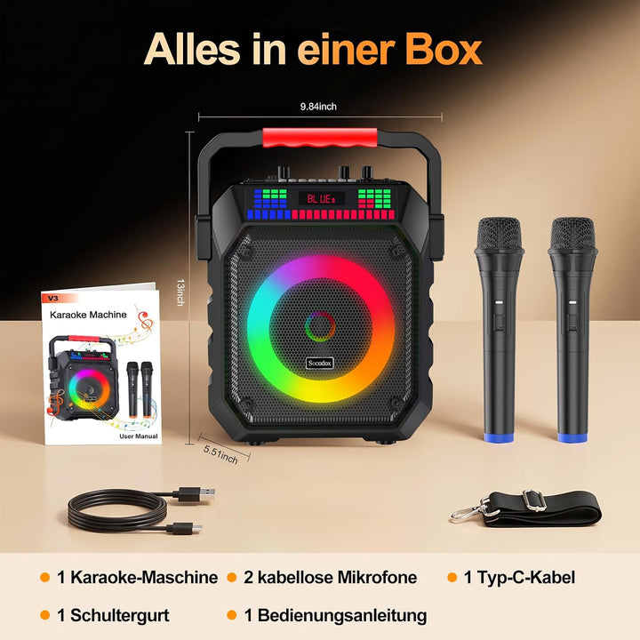 Karaoke Maschine mit 2 Mikrofone, Tragbaren Bluetooth Lautsprecher Box für Erwachsene/Kinder mit Lic