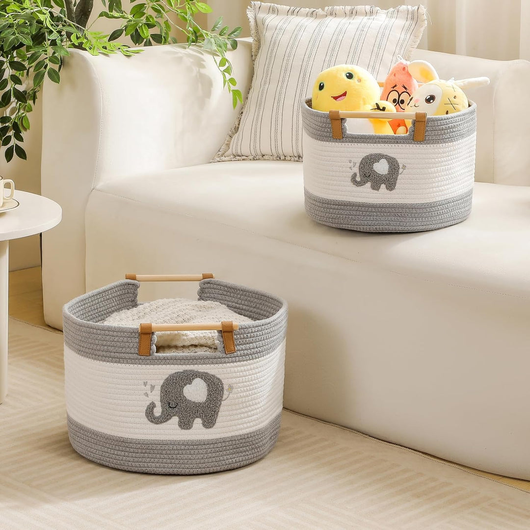 Grosser Aufbewahrungskorb aus Baumwollseil, kleiner Elefant besticktes Muster, Grosser Deckenkorb 35