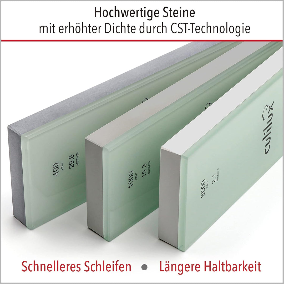 CULILUX Pro Schleifstein Profi Set XL Wetzsteine Körnung 400 1000 6000 auf Glas doppelseitige Leder-