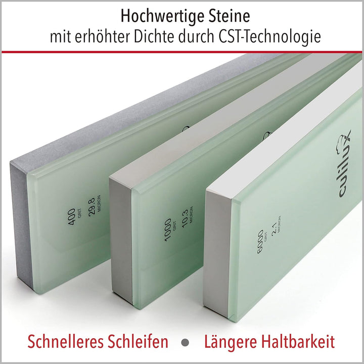 CULILUX Pro Schleifstein Profi Set XL Wetzsteine Körnung 400 1000 6000 auf Glas doppelseitige Leder-