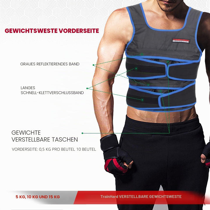 TrainHard 5 kg / 10 kg / 15 kg Verstellbare Gewichtsweste, Trainingsweste für Krafttraining, Laufen,