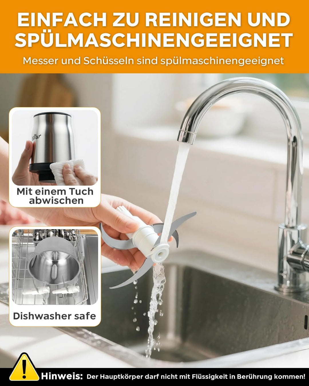 Bear 1.8L+1.8L Zerkleinerer Elektrisch Mini, 500W 2 Geschwindigkeitsstufen, Häcksler mit 4-Edelstahl