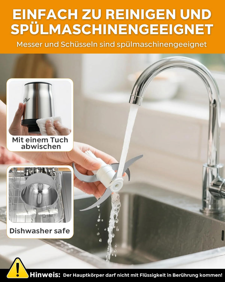 Bear 1.8L+1.8L Zerkleinerer Elektrisch Mini, 500W 2 Geschwindigkeitsstufen, Häcksler mit 4-Edelstahl