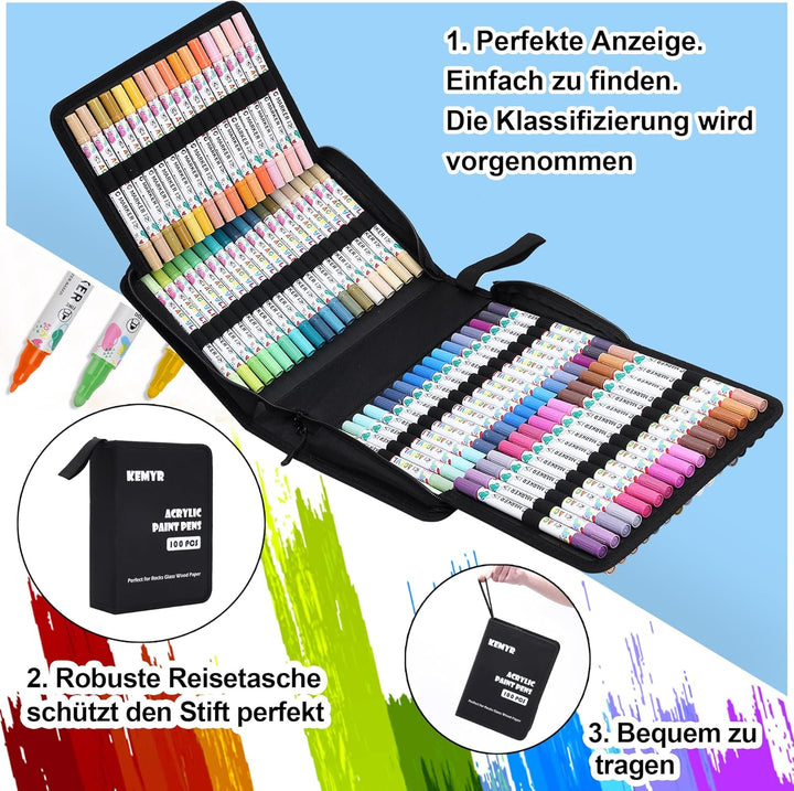 KEMYR 100 Farben Acrylstifte Set mit Doppelspitze, Acrylmarker Wasserfeste für Steine, Holz, Glas &