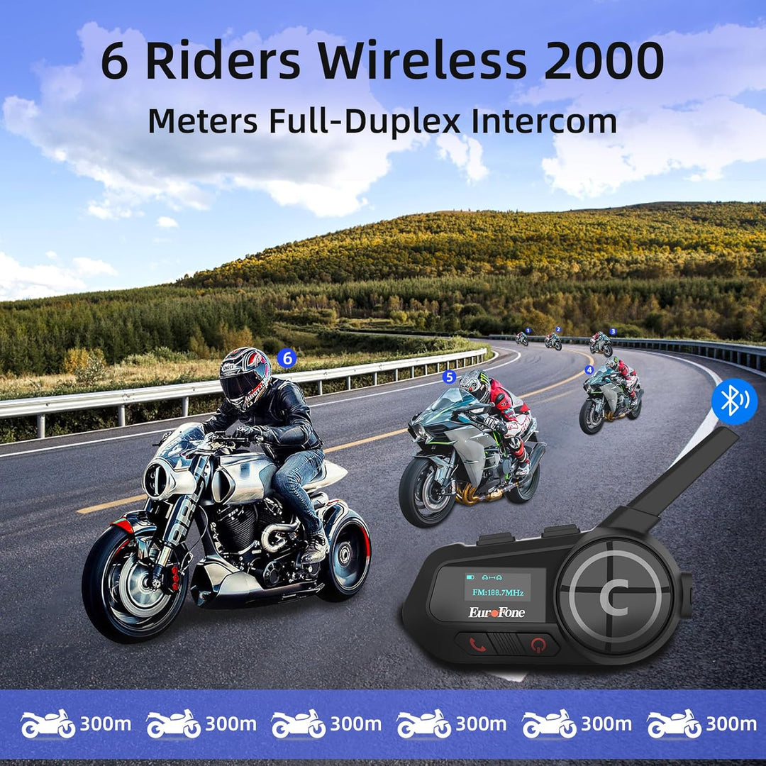 EuroFone Motorrad Bluetooth Headset,Motorrad Bluetooth Gegensprechanlage mit LED-Bildschirm für 6 Fa