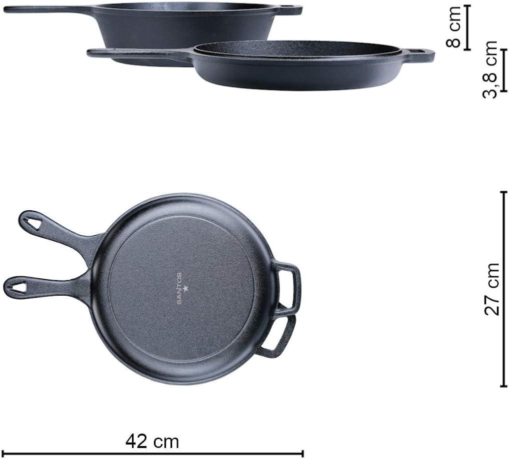 SANTOS Grillpfannen-Set Ø27cm - Gusseiserne Pfanne - Deckel - Schmoren, Braten, Grillen, Backen - Gu