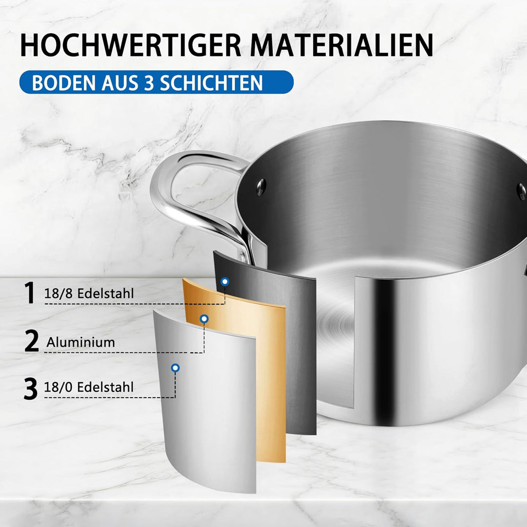 Estmoon Kochtopf 20 cm 3,6L, Edelstahltopf mit Glasdeckel, für alle Herdarten geeignet, auch Indukti