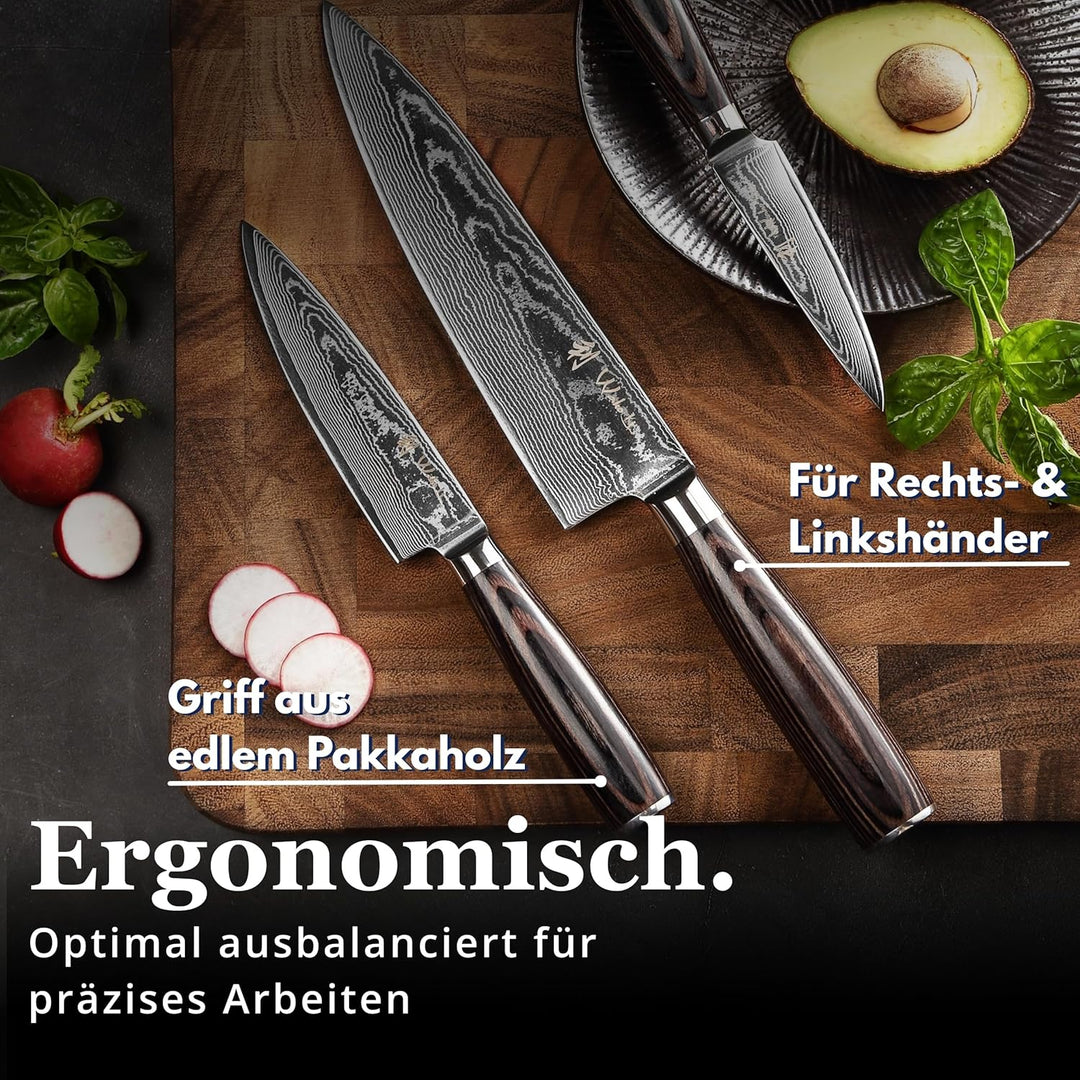 Wakoli EDIB Essentials 3er Küchenmesser Set mit 8-17cm Klingen I 67 Lagen Damaststahl I Chefmesser,