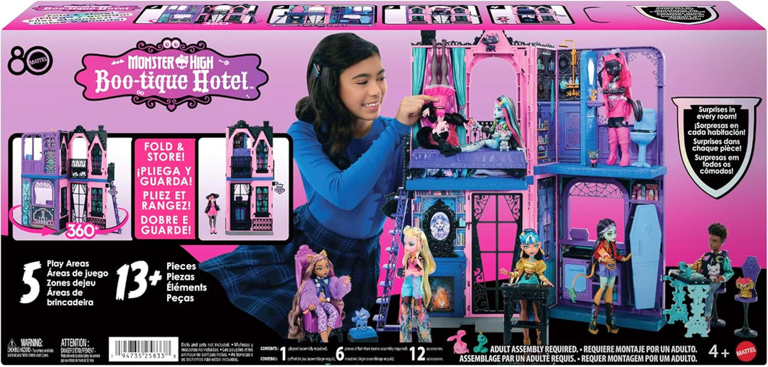 Monster High Buh-tique Hotel Puppenhaus, zusammenklappbares Spielset mit unheimlichen Überraschungen