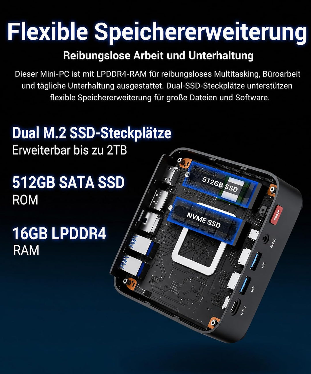 Ryzen 3 4300U Mini PC Onboard 16GB LPDDR4 RAM 512GB SSD, USB3.2 Gen2 Typ-C 4K 60Hz, HDMI 2.0 DP 1.4