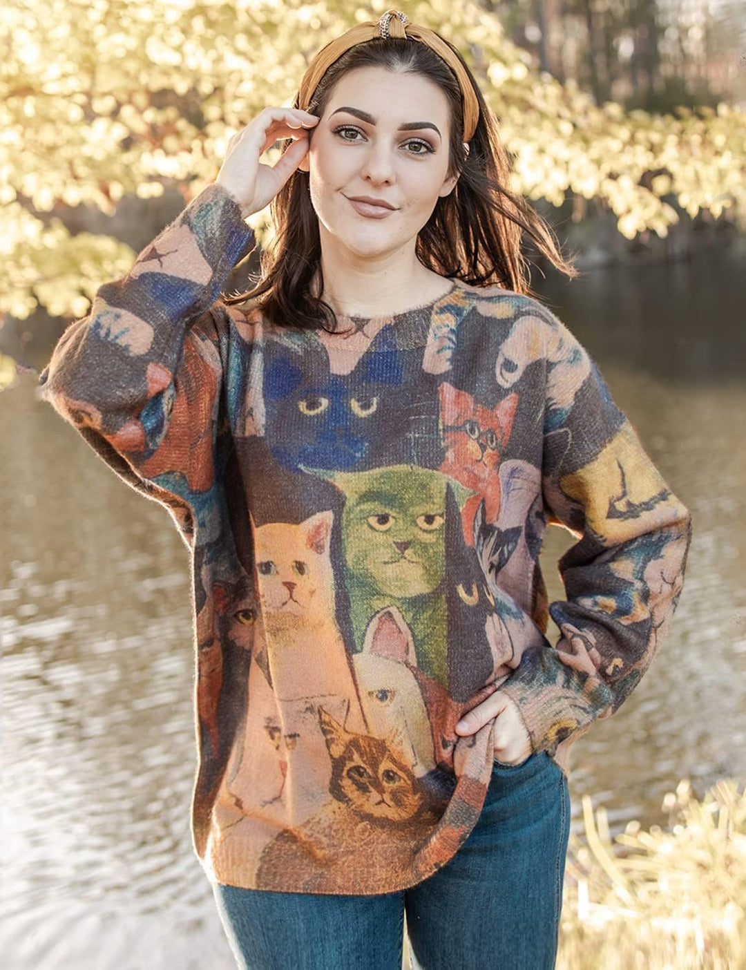 Janein Damen Pullover Oversize Lang Strickpullover Herbst Winter Rundhals Sweater mit Blumenmuster W