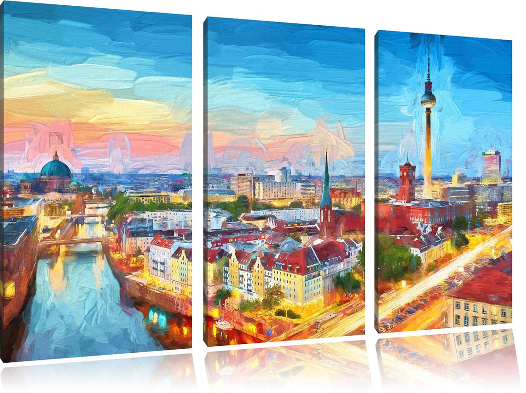 Pixxprint Berlin City Panorama Kunst Pinsel Effekt 3-Teiler Leinwandbild 120x80 Bild auf Leinwand